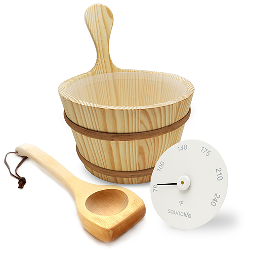 sauna bucket and ladle with thermometer