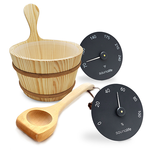 Sauna bucket ladle thermometer hygrometer set saunalife